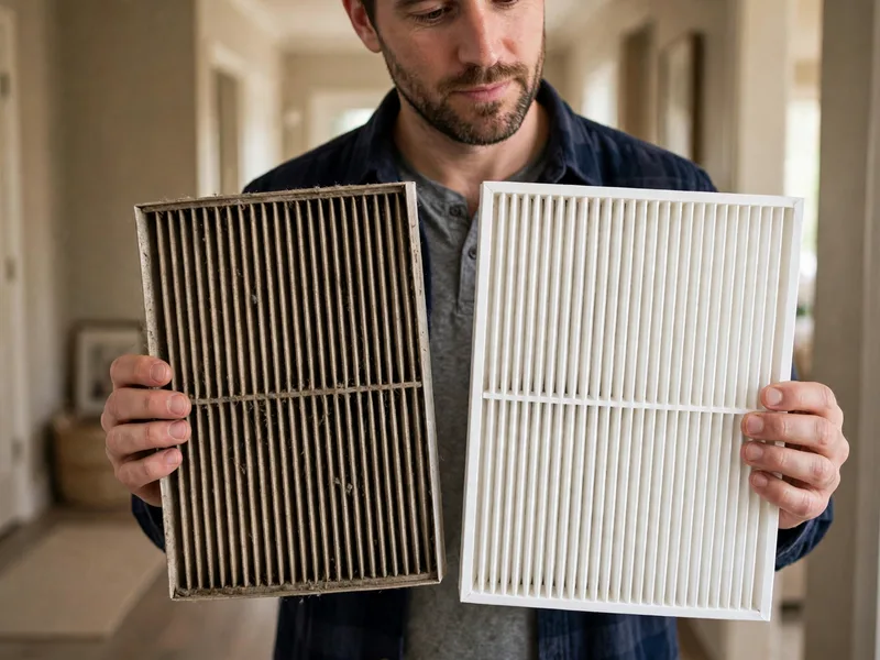Dirty clogged furnace filter next to a clean filter in Westerville Ohio