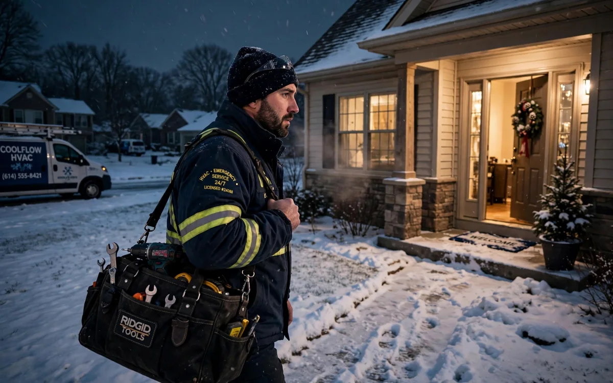Emergency furnace repair technician arriving at a Columbus home at night