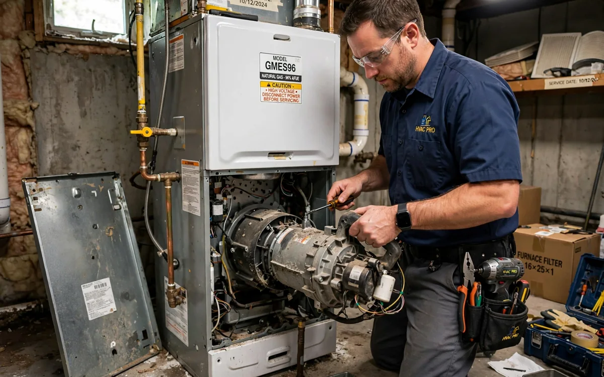Removing a furnace blower motor for repair in Columbus