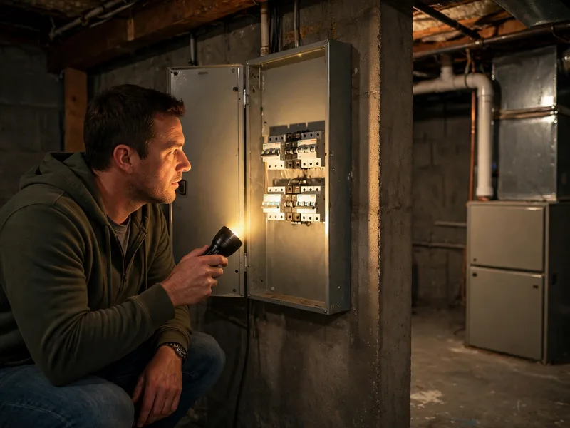 Homeowner checking the breaker panel for a furnace that will not start in Westerville Ohio