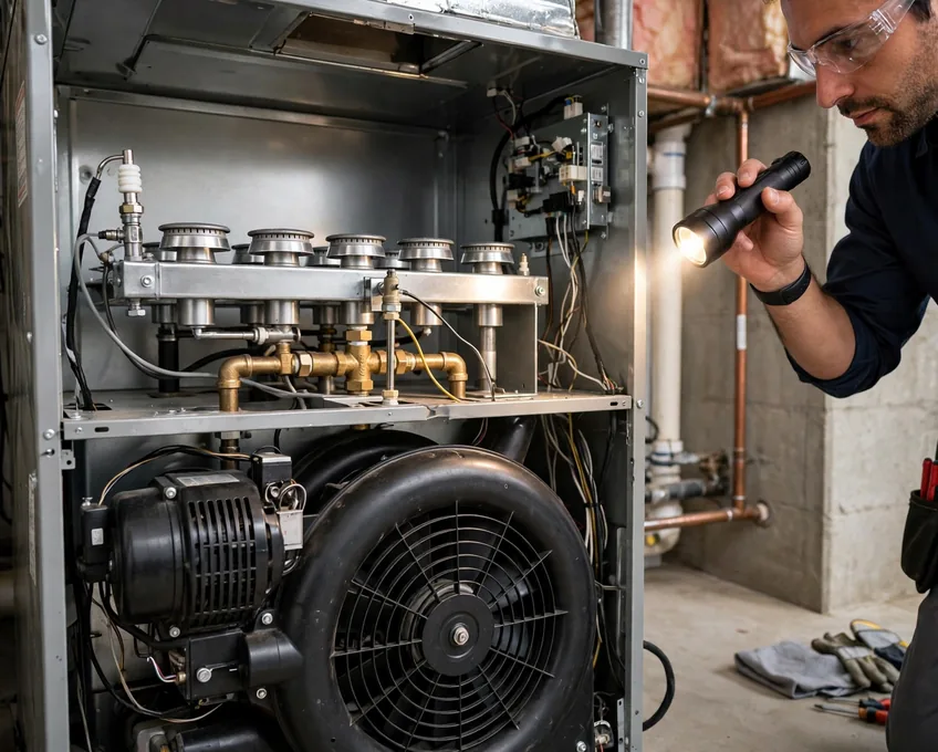 technician inspecting common furnace problems including ignitor flame sensor and blower in Columbus Ohio