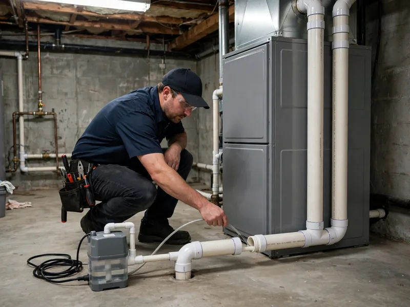 Technician cleaning a furnace condensate drain line in New Albany Ohio