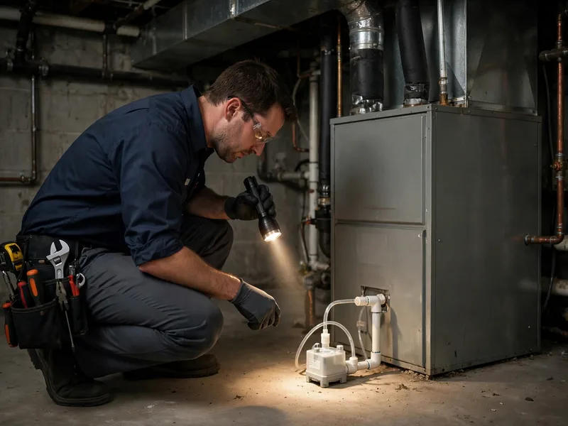 Technician inspecting a furnace condensate pump in Pickerington Ohio