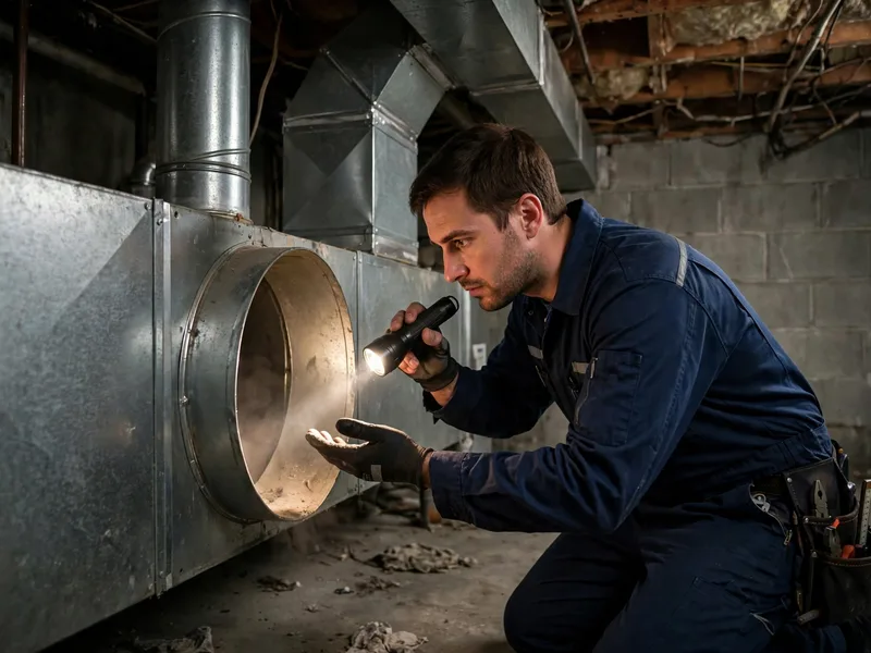 Technician inspecting furnace ductwork in Reynoldsburg Ohio
