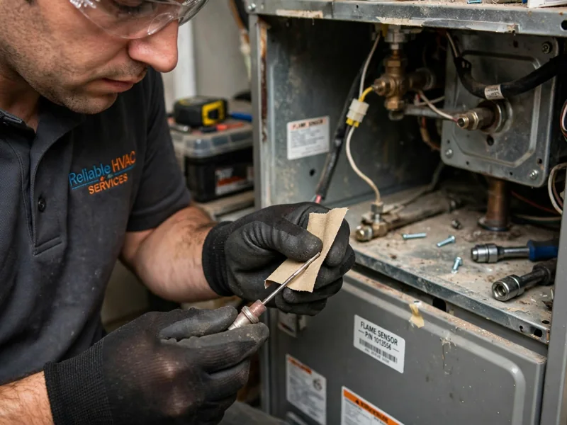Cleaning a furnace flame sensor during repair in Columbus