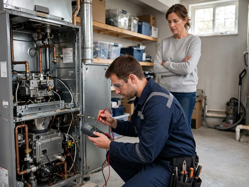 Technician testing a furnace flame sensor with a multimeter in Upper Arlington Ohio