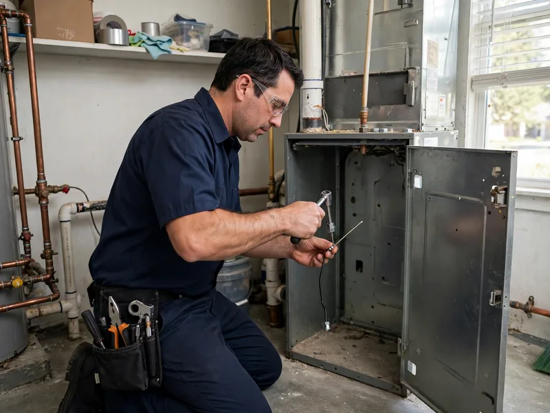 Technician removing a furnace flame sensor in Dublin Ohio