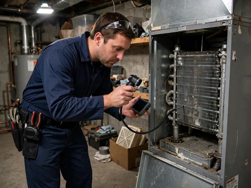 Technician inspecting a furnace heat exchanger for safety in Westerville Ohio
