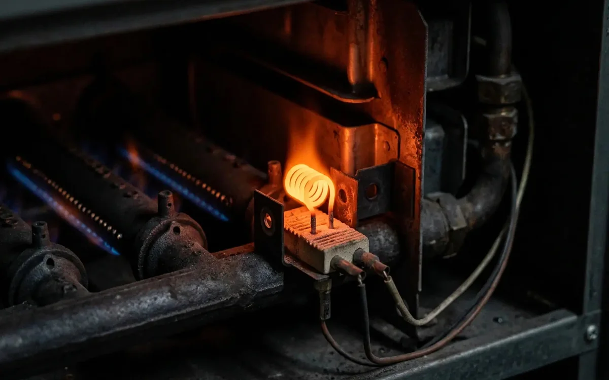Hot surface ignitor glowing inside a furnace in Columbus