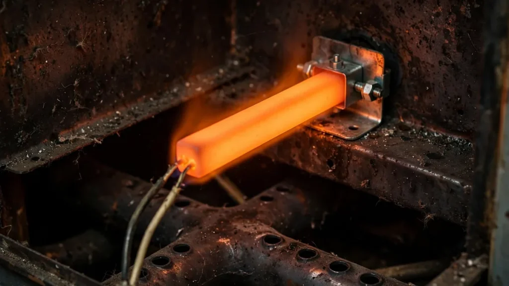 Glowing furnace ignitor inside a burner compartment in Columbus Ohio