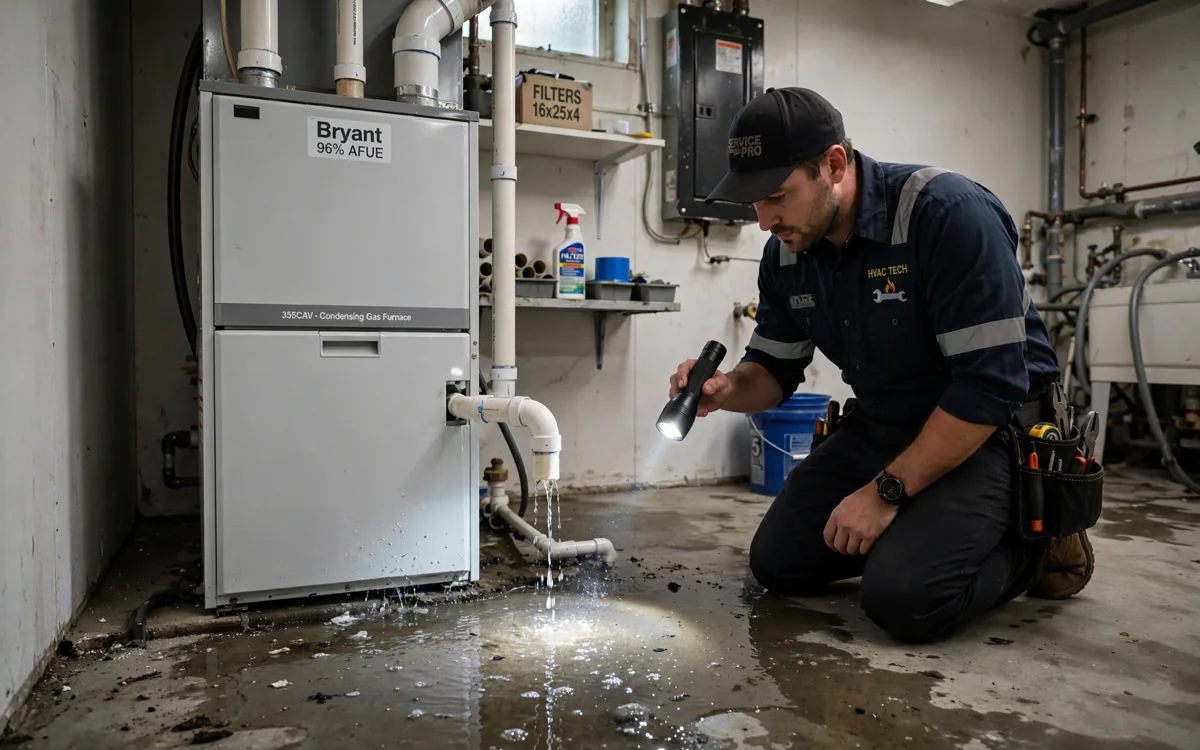 Furnace leaking water onto a utility room floor in Columbus