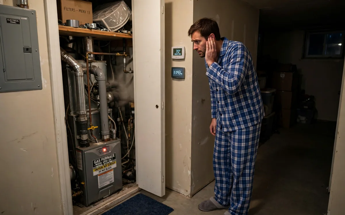 Homeowner listening to a furnace making loud noises at night in Columbus