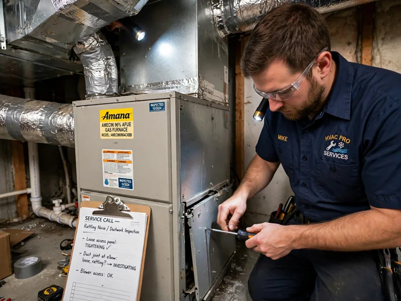Technician inspecting a furnace for banging and rattling noises in Columbus