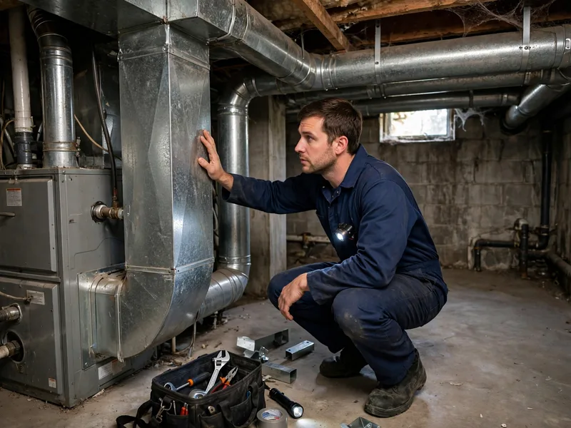 Technician inspecting a furnace for banging noises in New Albany Ohio