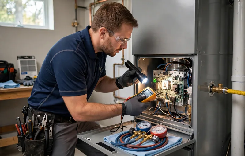 furnace repair technician servicing a gas furnace in a Columbus Ohio home