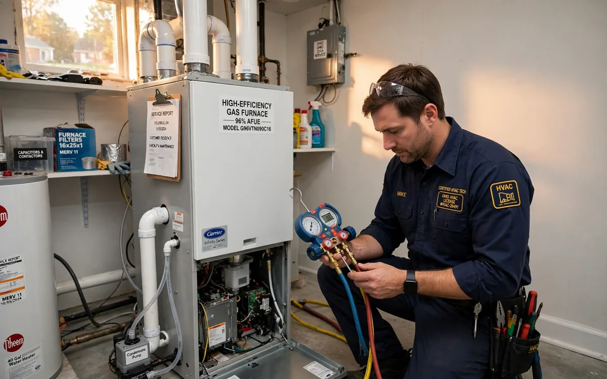 HVAC technician repairing a furnace in a Dublin Ohio home