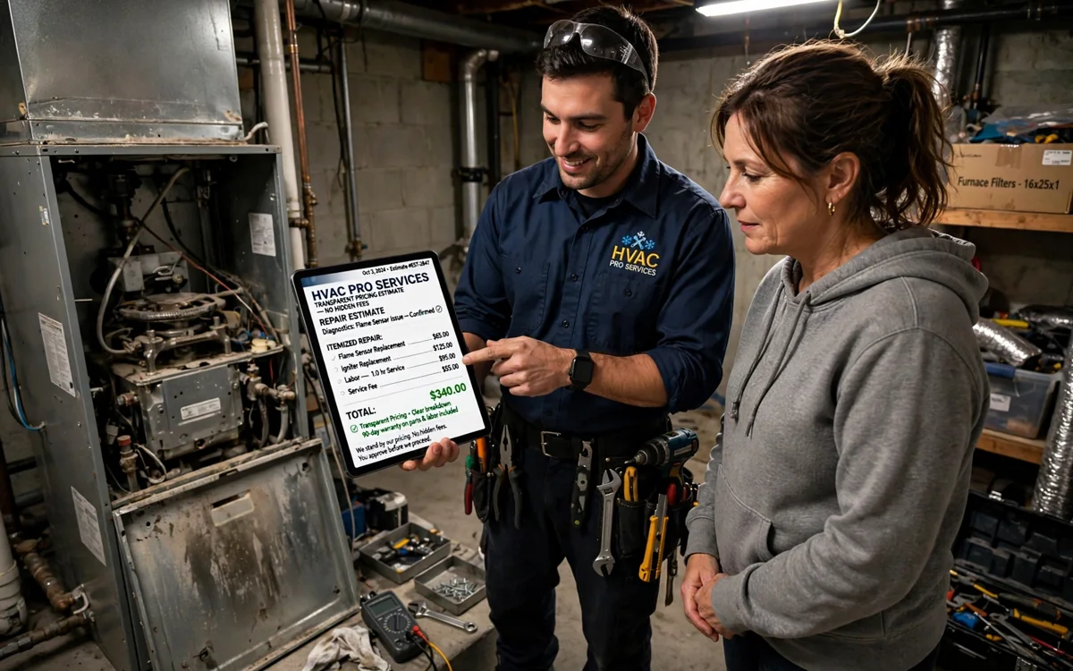 Technician showing a furnace repair estimate to a Columbus homeowner
