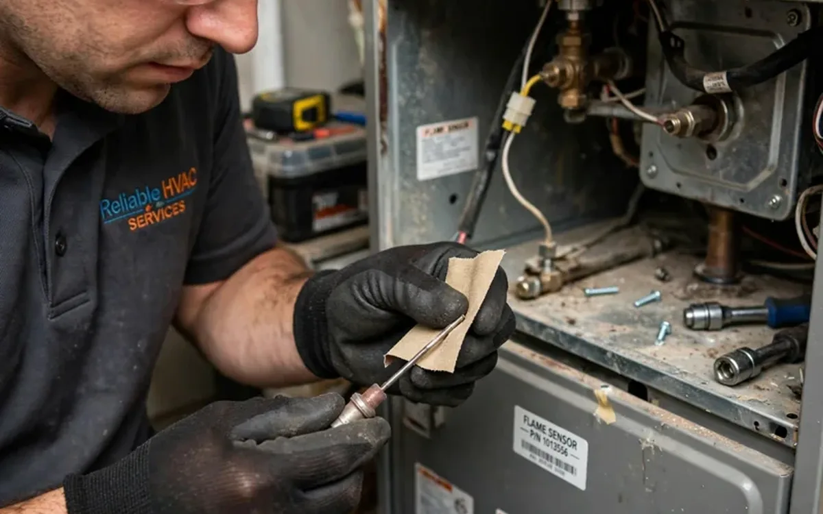 HVAC technician repairing a furnace in a New Albany Ohio home