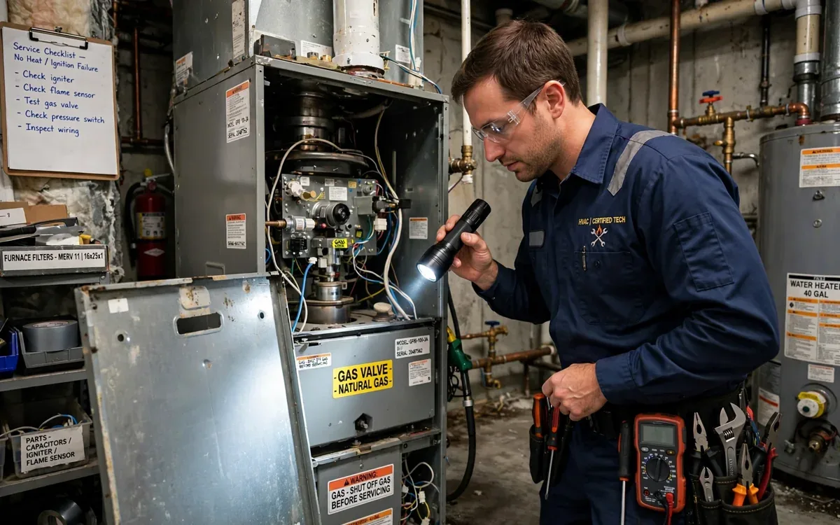 HVAC technician repairing a furnace in a Upper Arlington Ohio home