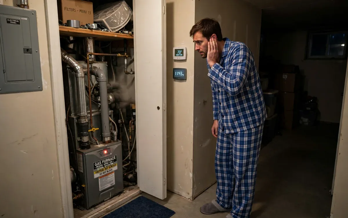 HVAC technician repairing a furnace in a Westerville Ohio home