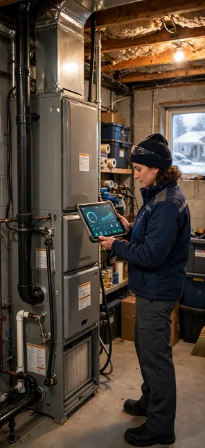 furnace technician standing beside a residential gas furnace in a Columbus Ohio basement