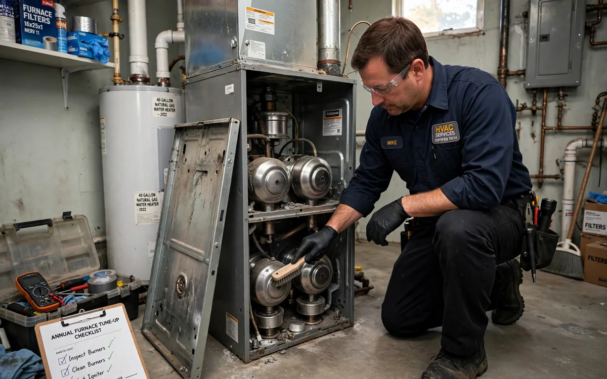Technician cleaning burners during a furnace tune-up in Columbus