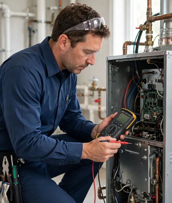 Technician checking a furnace for strange smells in Columbus